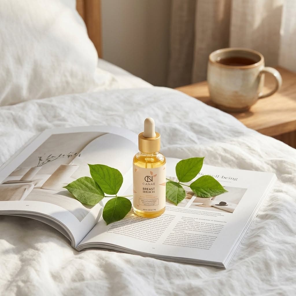 CANAE Breast Serum X5 styled on an open magazine with green botanical leaves